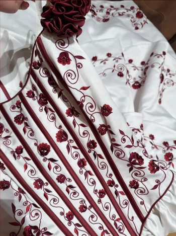 Elegant Burgundy Off-Shoulder Rose Embroidery A-Line Evening Gown TP5404