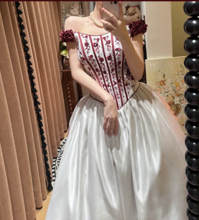 Elegant Burgundy Off-Shoulder Rose Embroidery A-Line Evening Gown TP5404