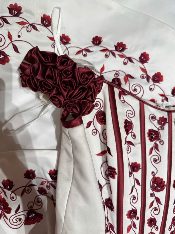 Elegant Burgundy Off-Shoulder Rose Embroidery A-Line Evening Gown TP5404