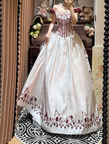 Elegant Burgundy Off-Shoulder Rose Embroidery A-Line Evening Gown TP5404