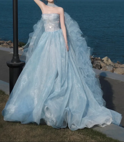 Glamorous Light Blue Strapless Sparkle Tulle Ruffled Cape Sweet 15 Quinceanera Ball Gown TP5426