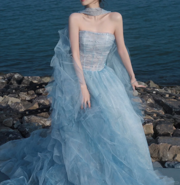 Glamorous Light Blue Strapless Sparkle Tulle Ruffled Cape Sweet 15 Quinceanera Ball Gown TP5426