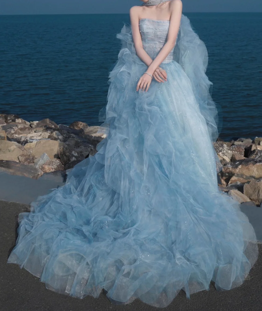 Glamorous Light Blue Strapless Sparkle Tulle Ruffled Cape Sweet 15 Quinceanera Ball Gown TP5426