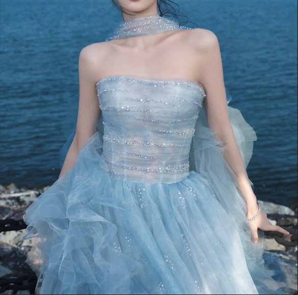 Glamorous Light Blue Strapless Sparkle Tulle Ruffled Cape Sweet 15 Quinceanera Ball Gown TP5426