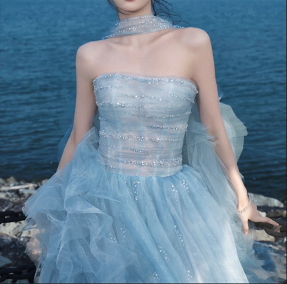 Glamorous Light Blue Strapless Sparkle Tulle Ruffled Cape Sweet 15 Quinceanera Ball Gown TP5426