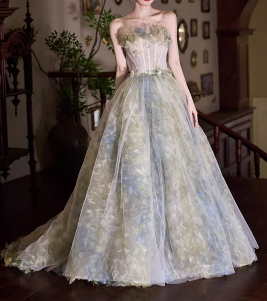 Chic Watercolor Strapless Floral Tulle Ruffled Sweet 15 Quinceanera Ball Gown TP5428