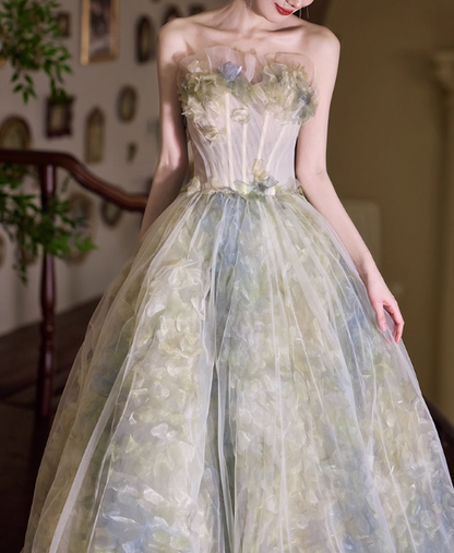 Chic Watercolor Strapless Floral Tulle Ruffled Sweet 15 Quinceanera Ball Gown TP5428