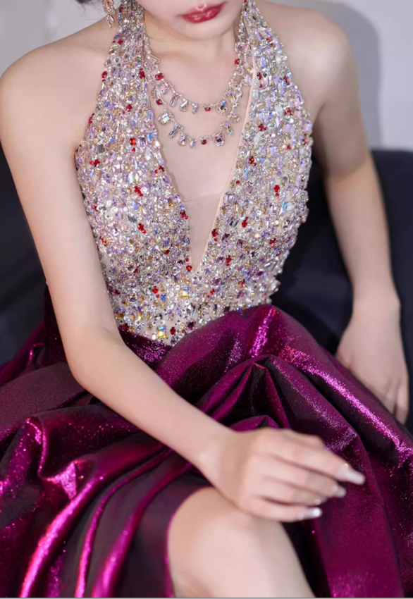 Glamorous Fuchsia Halter-Neck Rhinestone Beaded Shimmer Satin High Slit Evening Gown TP5429