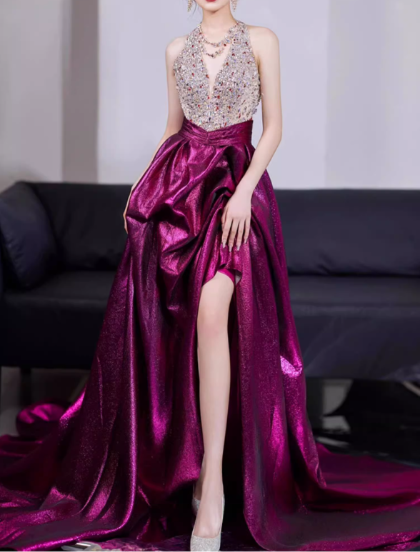 Glamorous Fuchsia Halter-Neck Rhinestone Beaded Shimmer Satin High Slit Evening Gown TP5429