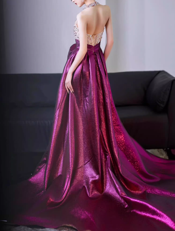 Glamorous Fuchsia Halter-Neck Rhinestone Beaded Shimmer Satin High Slit Evening Gown TP5429