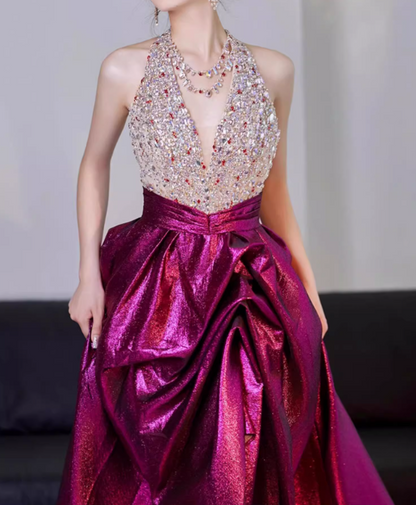 Glamorous Fuchsia Halter-Neck Rhinestone Beaded Shimmer Satin High Slit Evening Gown TP5429