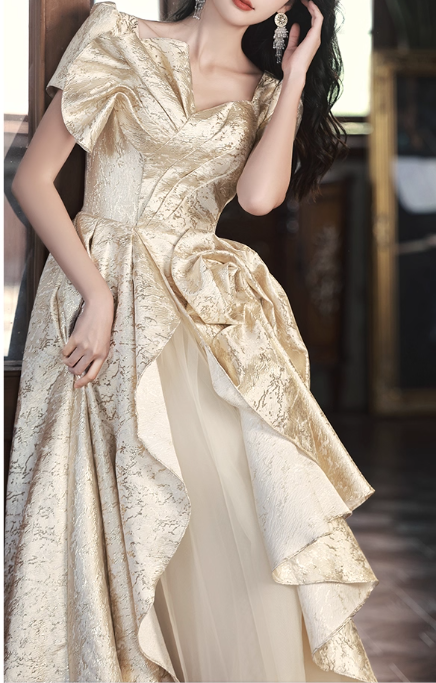 Glamorous Champagne Puff Sleeve Irregular Hem A-Line 3D Flower Sweet 15 Quinceanera Ball Gown TP5430