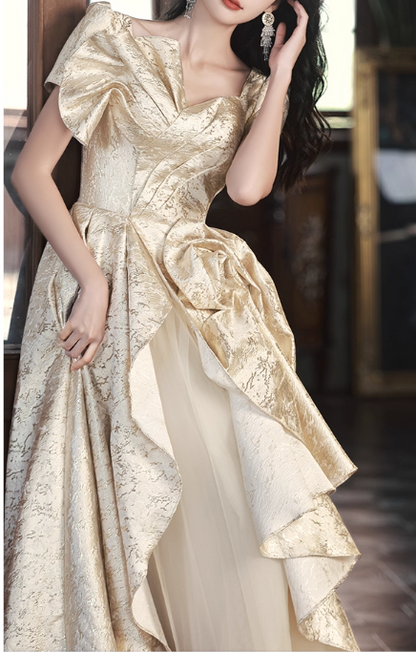 Glamorous Champagne Puff Sleeve Irregular Hem A-Line 3D Flower Sweet 15 Quinceanera Ball Gown TP5430