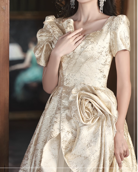 Glamorous Champagne Puff Sleeve Irregular Hem A-Line 3D Flower Sweet 15 Quinceanera Ball Gown TP5430
