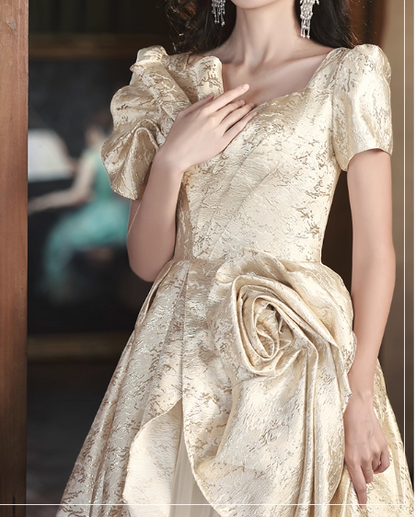 Glamorous Champagne Puff Sleeve Irregular Hem A-Line 3D Flower Sweet 15 Quinceanera Ball Gown TP5430