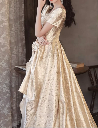 Glamorous Champagne Puff Sleeve Irregular Hem A-Line 3D Flower Sweet 15 Quinceanera Ball Gown TP5430