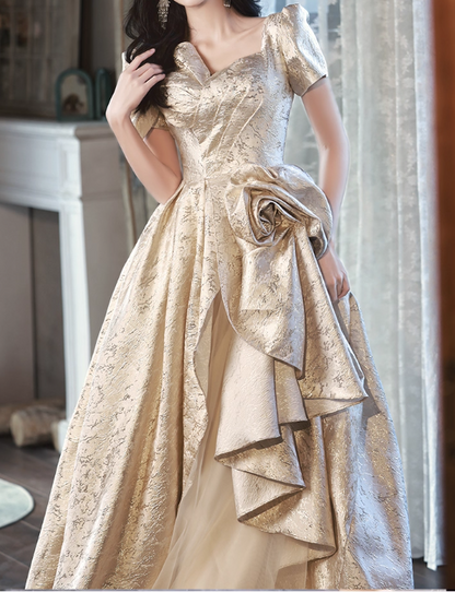 Glamorous Champagne Puff Sleeve Irregular Hem A-Line 3D Flower Sweet 15 Quinceanera Ball Gown TP5430