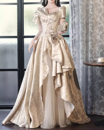 Glamorous Champagne Puff Sleeve Irregular Hem A-Line 3D Flower Sweet 15 Quinceanera Ball Gown TP5430