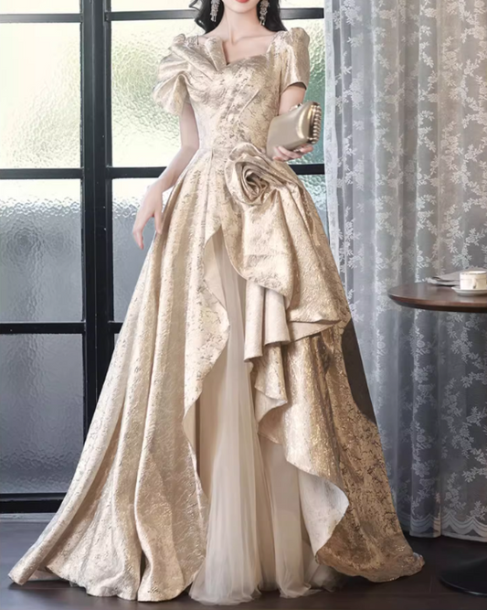 Glamorous Champagne Puff Sleeve Irregular Hem A-Line 3D Flower Sweet 15 Quinceanera Ball Gown TP5430