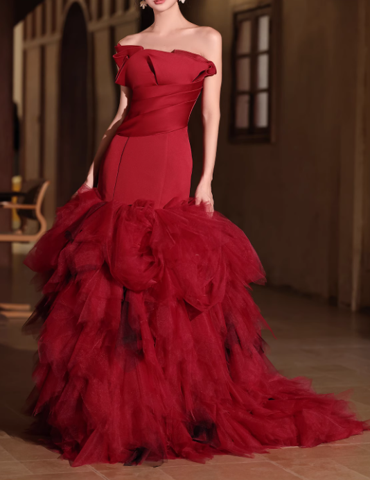 Vintage Burgundy Strapless Mermaid Ruffled Tulle Evening Gown TP5461