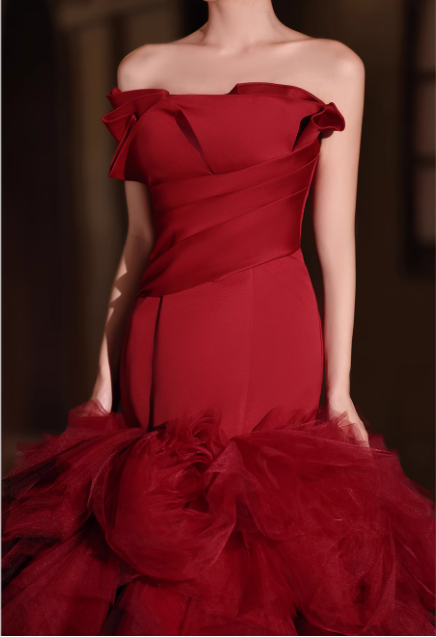 Vintage Burgundy Strapless Mermaid Ruffled Tulle Evening Gown TP5461