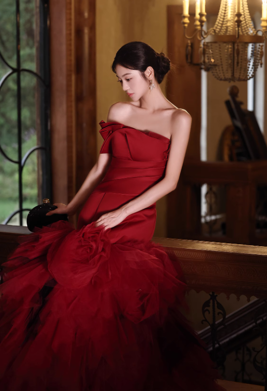 Vintage Burgundy Strapless Mermaid Ruffled Tulle Evening Gown TP5461