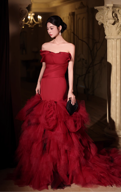 Vintage Burgundy Strapless Mermaid Ruffled Tulle Evening Gown TP5461