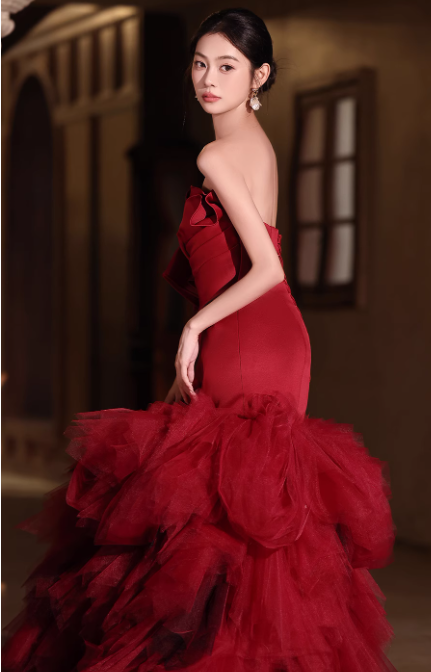 Vintage Burgundy Strapless Mermaid Ruffled Tulle Evening Gown TP5461