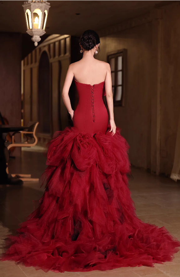 Vintage Burgundy Strapless Mermaid Ruffled Tulle Evening Gown TP5461