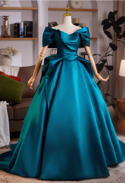 Glamorous Teal Satin A-Line Off-Shoulder Sweet 15 Quinceanera Ball Gown TP5462