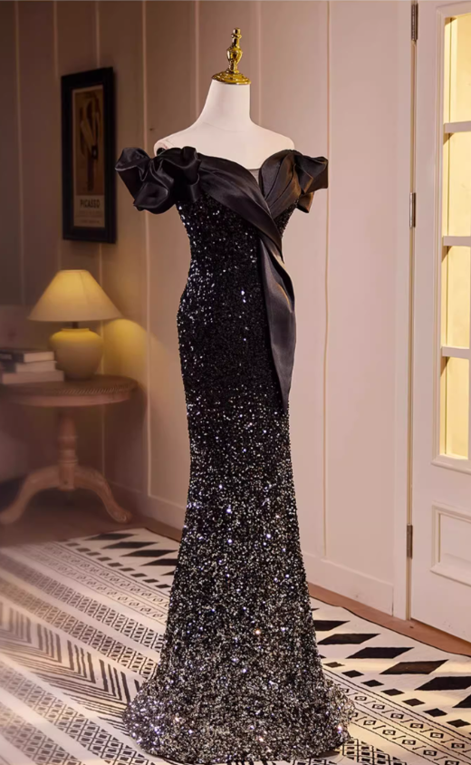 Vintage Black Off-Shoulder Sequin Mermaid Evening Gown TP5464
