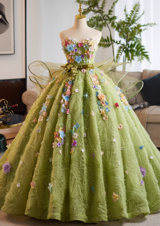 Glamorous Soft Olive Green Tulle 3D Floral Applique Strapless Sweet 15 Quinceanera Ball Gown TP5465