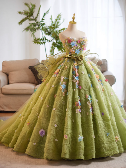 Glamorous Soft Olive Green Tulle 3D Floral Applique Strapless Sweet 15 Quinceanera Ball Gown TP5465