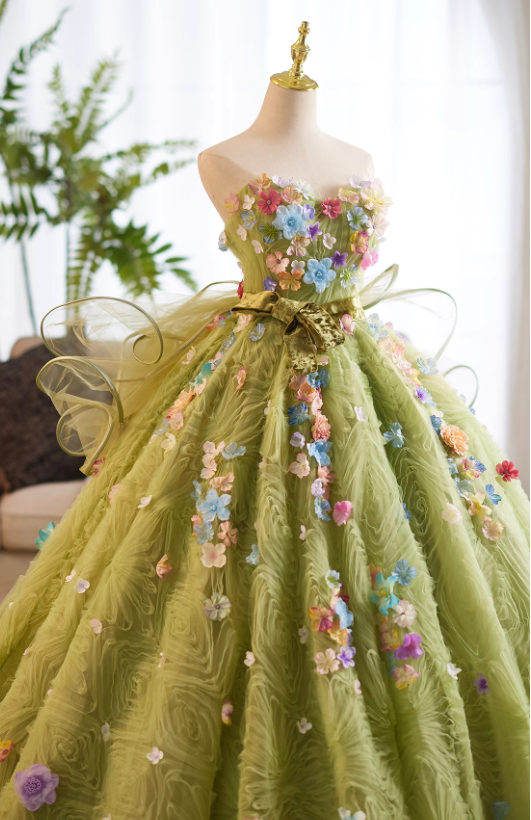 Glamorous Soft Olive Green Tulle 3D Floral Applique Strapless Sweet 15 Quinceanera Ball Gown TP5465
