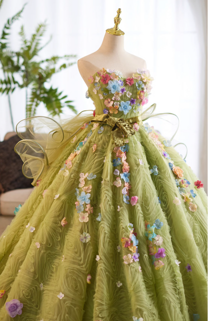 Glamorous Soft Olive Green Tulle 3D Floral Applique Strapless Sweet 15 Quinceanera Ball Gown TP5465