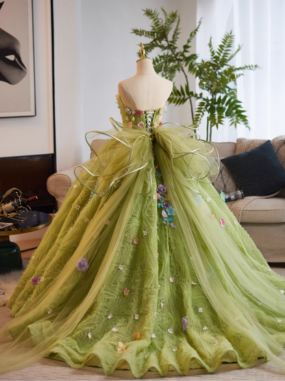 Glamorous Soft Olive Green Tulle 3D Floral Applique Strapless Sweet 15 Quinceanera Ball Gown TP5465