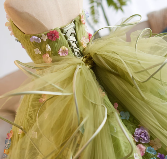 Glamorous Soft Olive Green Tulle 3D Floral Applique Strapless Sweet 15 Quinceanera Ball Gown TP5465