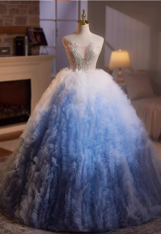 Glamorous Ombre Sky Blue Tulle Beaded Sweetheart Strapless Sweet 15 Quinceanera Ball Gown TP5466