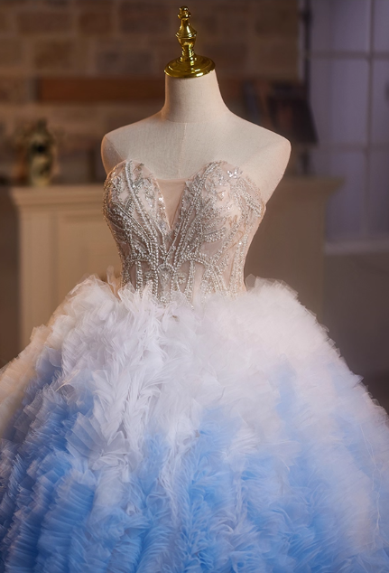 Glamorous Ombre Sky Blue Tulle Beaded Sweetheart Strapless Sweet 15 Quinceanera Ball Gown TP5466