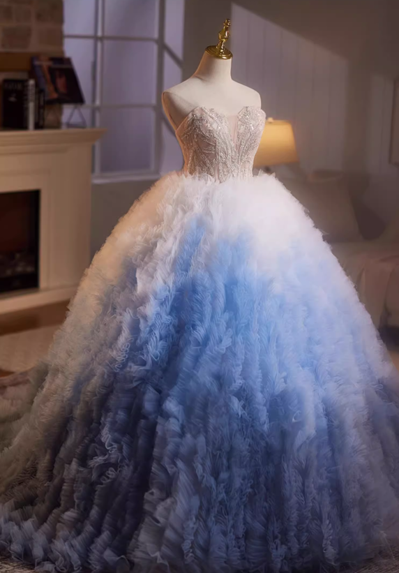 Glamorous Ombre Sky Blue Tulle Beaded Sweetheart Strapless Sweet 15 Quinceanera Ball Gown TP5466