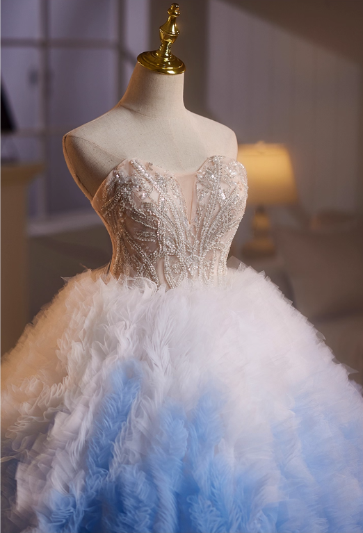 Glamorous Ombre Sky Blue Tulle Beaded Sweetheart Strapless Sweet 15 Quinceanera Ball Gown TP5466
