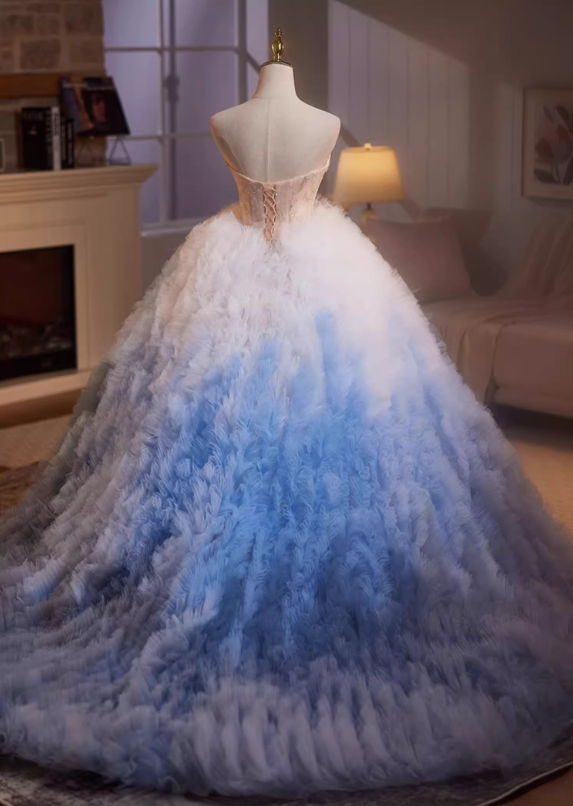 Glamorous Ombre Sky Blue Tulle Beaded Sweetheart Strapless Sweet 15 Quinceanera Ball Gown TP5466