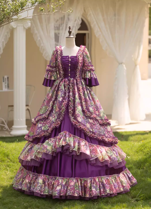 Glamorous Purple Floral Ruffled Tiered Puff Sleeves Sweet 15 Quinceanera Ball Gown TP5467