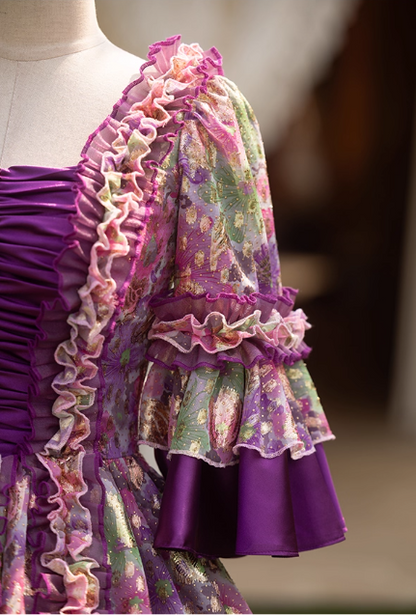 Glamorous Purple Floral Ruffled Tiered Puff Sleeves Sweet 15 Quinceanera Ball Gown TP5467