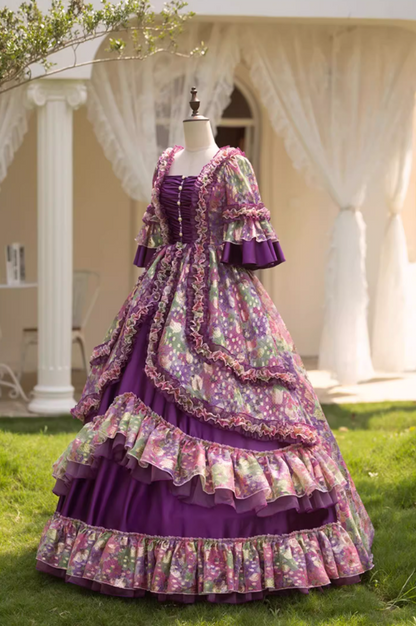 Glamorous Purple Floral Ruffled Tiered Puff Sleeves Sweet 15 Quinceanera Ball Gown TP5467