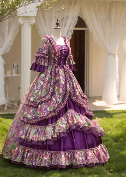 Glamorous Purple Floral Ruffled Tiered Puff Sleeves Sweet 15 Quinceanera Ball Gown TP5467