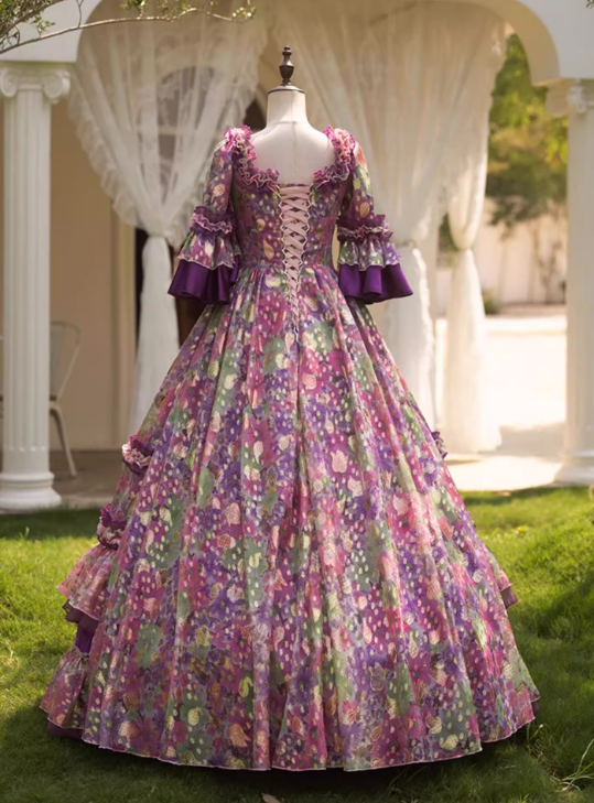 Glamorous Purple Floral Ruffled Tiered Puff Sleeves Sweet 15 Quinceanera Ball Gown TP5467