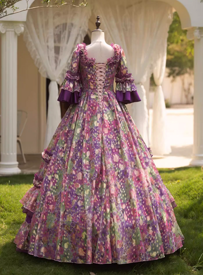 Glamorous Purple Floral Ruffled Tiered Puff Sleeves Sweet 15 Quinceanera Ball Gown TP5467