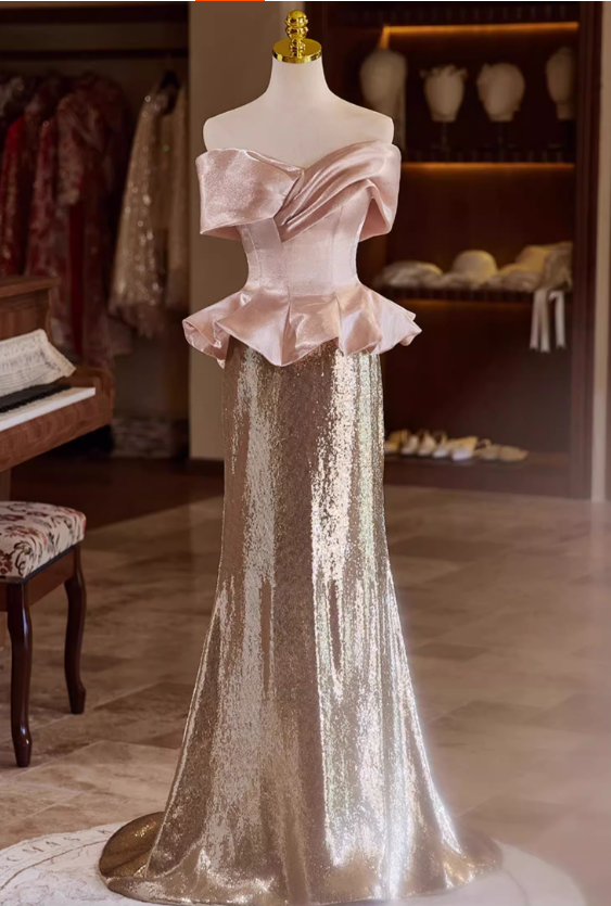 Vintage Pink & Rose Gold Glitter Satin Sheath Off-Shoulder Peplum Evening Gown TP5468