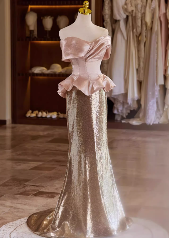Vintage Pink & Rose Gold Glitter Satin Sheath Off-Shoulder Peplum Evening Gown TP5468